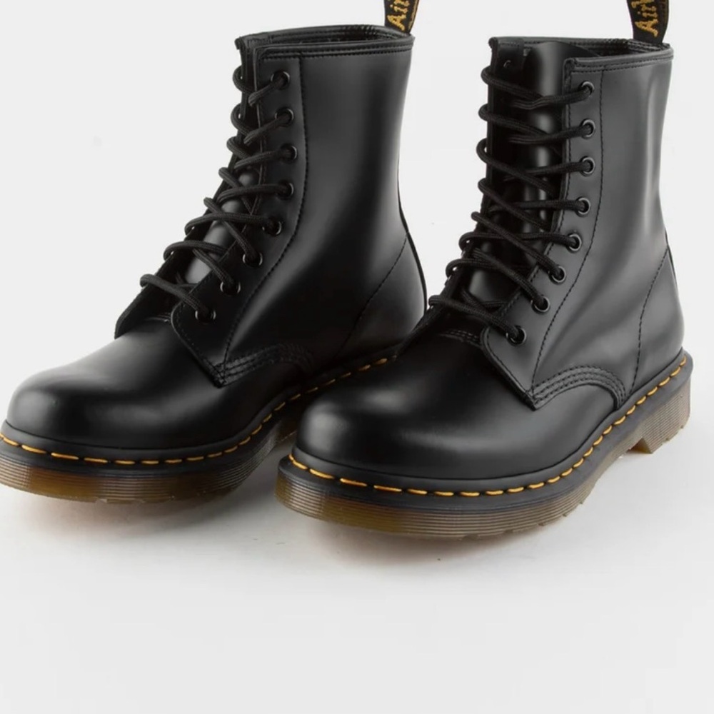 Dr. Martens Black Leather Boots with Yellow Stitching